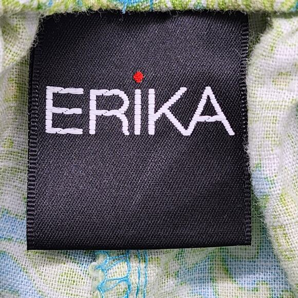 Vintage 90s Erika Pants Womens M Green Blue Leaf Print Linen Blend Pull On Crop - Picture 3 of 9